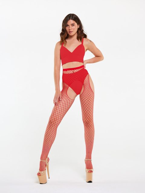 Чулки с поясом, средняя сетка, красный